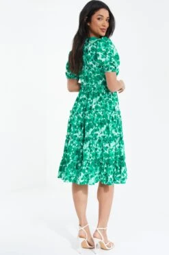 Green Floral Puff Sleeve Midi Dress -Chic Summer Shop 00100037561 XB