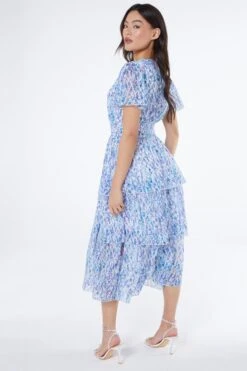 Blue Floral Tiered Wrap Midi Dress -Chic Summer Shop 00100037596 XB
