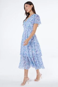 Blue Floral Tiered Wrap Midi Dress -Chic Summer Shop 00100037596 XS