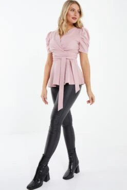 Light Pink Puff Sleeve Peplum Top -Chic Summer Shop 00100037694 XS