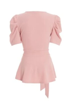 Light Pink Puff Sleeve Peplum Top -Chic Summer Shop 00100037694 ZB