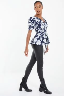 Navy Floral Puff Sleeve Peplum Top -Chic Summer Shop 00100037695 XS