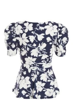 Navy Floral Puff Sleeve Peplum Top -Chic Summer Shop 00100037695 ZB
