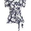 Navy Floral Puff Sleeve Peplum Top -Chic Summer Shop 00100037695 ZM