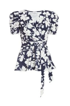 Navy Floral Puff Sleeve Peplum Top