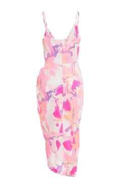 Pink Satin Marble Print Wrap Midi Dress -Chic Summer Shop 00100037701 ZB