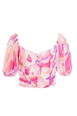 Pink Satin Marble Print Lace Up Crop Top -Chic Summer Shop 00100037703 ZB
