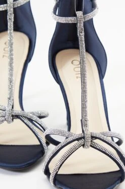 Navy Satin Diamante T-Bar Heeled Sandals -Chic Summer Shop 00100037712 ZB