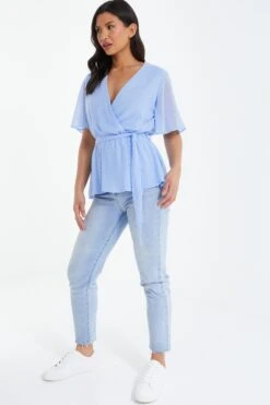 Blue Dobby Print Wrap Peplum Top -Chic Summer Shop 00100037766 XS