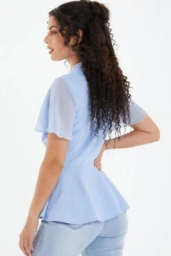 Light Blue Chiffon Sleeve Peplum Top -Chic Summer Shop 00100037770 XB