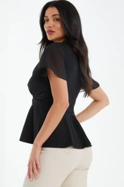 Black Chiffon Sleeve Peplum Top 10 Black Chiffon Sleeve Peplum Top -Chic Summer Shop 00100037772 XB