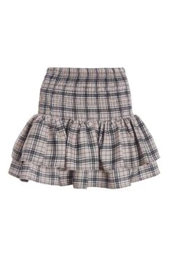 Stone Check Print Ruched Frill Mini Skirt