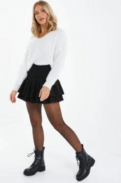 Black Ruched Frill Mini Skirt 11 Black Ruched Frill Mini Skirt -Chic Summer Shop 00100037833 XS