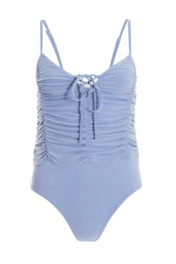 Pale Blue Lace Up Ruched Bodysuit