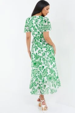 Green Tropical Print Wrap Midi Dress -Chic Summer Shop 00100037909 XB