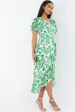 Green Tropical Print Wrap Midi Dress -Chic Summer Shop 00100037909 XS
