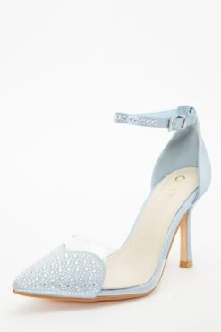 Blue Satin Diamante Heart Court Heels -Chic Summer Shop 00100037986 XB