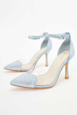 Blue Satin Diamante Heart Court Heels -Chic Summer Shop 00100037986 XS