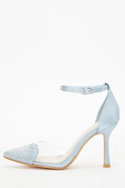 Blue Satin Diamante Heart Court Heels