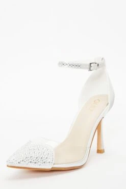 Bridal White Satin Diamante Heart Court Heels -Chic Summer Shop 00100037993 XB