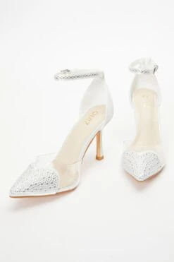 Bridal White Satin Diamante Heart Court Heels -Chic Summer Shop 00100037993 XS