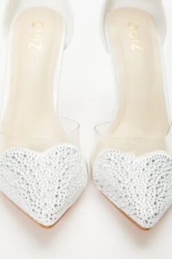 Bridal White Satin Diamante Heart Court Heels -Chic Summer Shop 00100037993 ZB