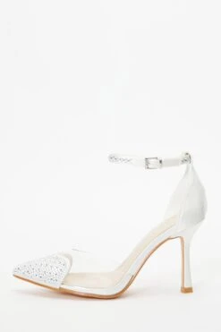 Bridal White Satin Diamante Heart Court Heels