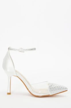 Bridal White Satin Diamante Heart Court Heels -Chic Summer Shop 00100037993 ZS