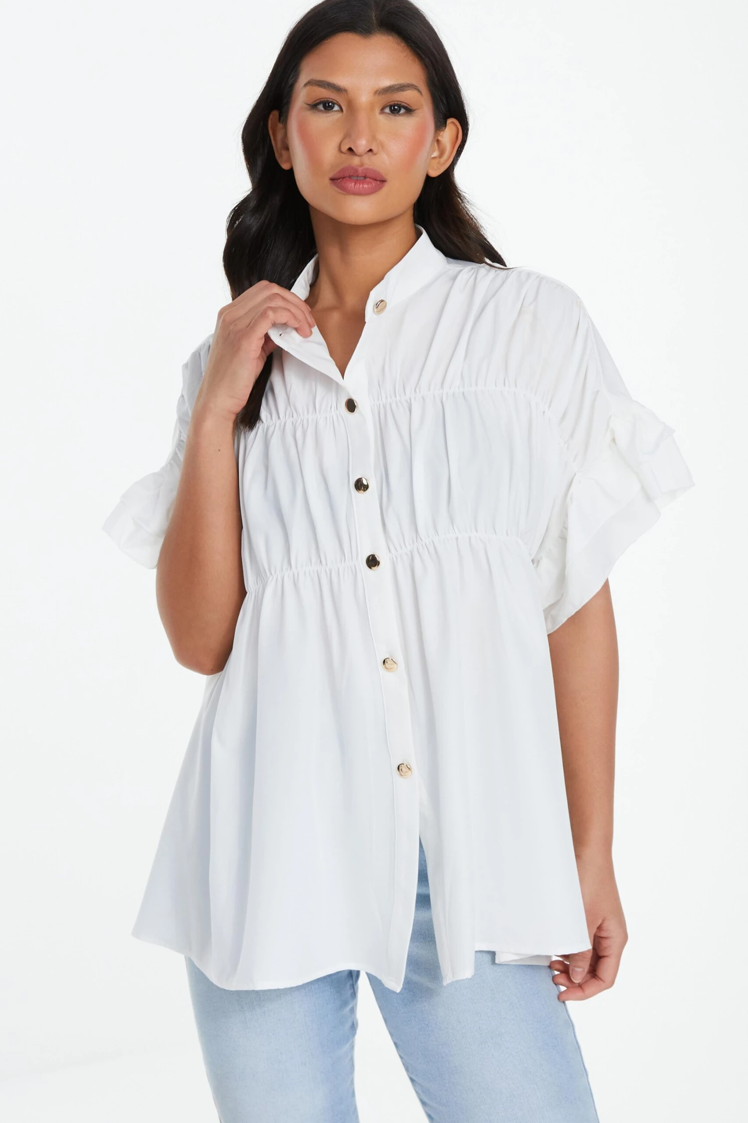 White Button Ruched Blouse 4 White Button Ruched Blouse - Image 2