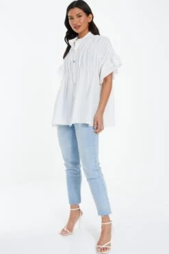 White Button Ruched Blouse 11 White Button Ruched Blouse -Chic Summer Shop 00100037996 XS