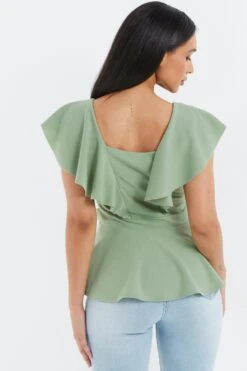 Sage Frill Sleeve Buckle Peplum Top -Chic Summer Shop 00100038058 XB
