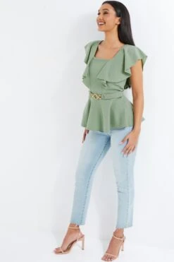 Sage Frill Sleeve Buckle Peplum Top -Chic Summer Shop 00100038058 XS