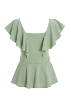 Sage Frill Sleeve Buckle Peplum Top -Chic Summer Shop 00100038058 ZB