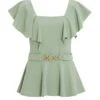 Sage Frill Sleeve Buckle Peplum Top -Chic Summer Shop 00100038058 ZM
