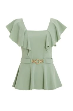 Sage Frill Sleeve Buckle Peplum Top