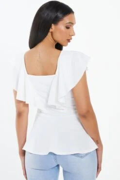 Cream Frill Sleeve Peplum Top -Chic Summer Shop 00100038060 XB