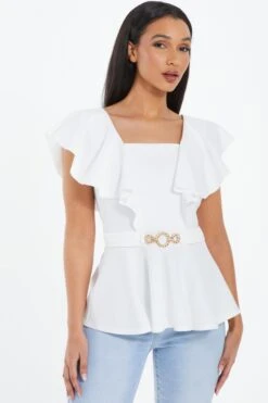 Cream Frill Sleeve Peplum Top -Chic Summer Shop 00100038060 XM