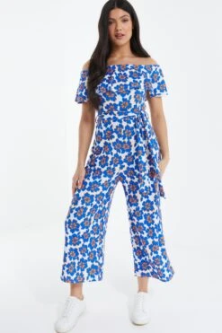 Royal Blue Floral Bardot Jumpsuit -Chic Summer Shop 00100038138 XS