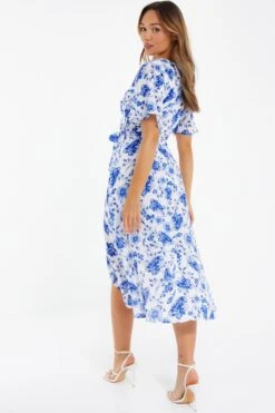 White Floral Wrap Dip Hem Midi Dress -Chic Summer Shop 00100038245 XB