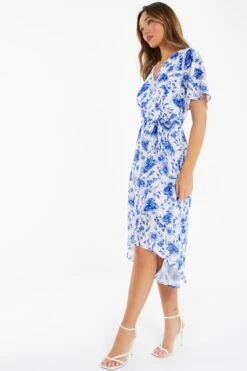 White Floral Wrap Dip Hem Midi Dress -Chic Summer Shop 00100038245 XS