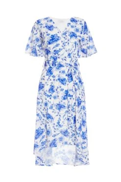 White Floral Wrap Dip Hem Midi Dress
