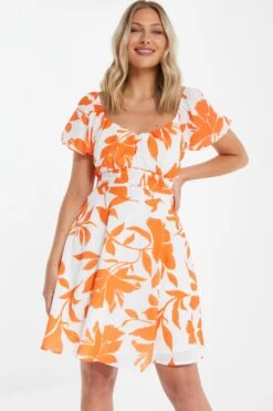 Orange Floral Skater Mini Dress -Chic Summer Shop 00100038264 XM