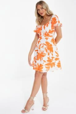 Orange Floral Skater Mini Dress -Chic Summer Shop 00100038264 XS