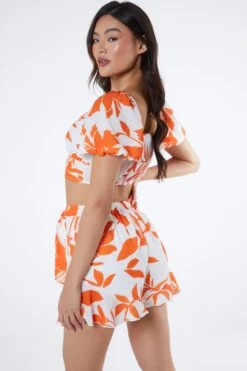 Orange Floral Frill Shorts -Chic Summer Shop 00100038283 XB