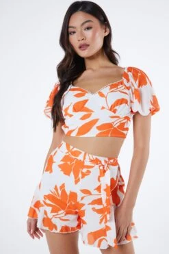Orange Floral Frill Crop Top -Chic Summer Shop 00100038284 XM