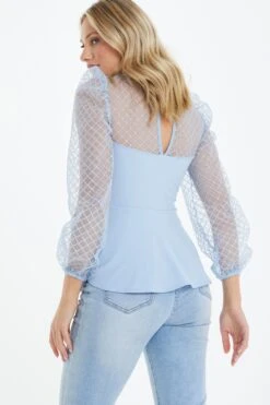 Light Blue Mesh Peplum Top -Chic Summer Shop 00100038321 XB