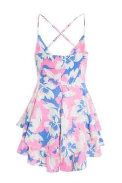 Blue Satin Floral Print Playsuit -Chic Summer Shop 00100038339 ZB