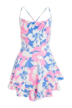 Blue Satin Floral Print Playsuit