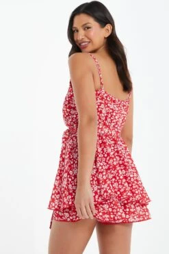 Red Ditsy Floral Wrap Playsuit -Chic Summer Shop 00100038351 XB
