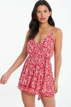 Red Ditsy Floral Wrap Playsuit -Chic Summer Shop 00100038351 XM